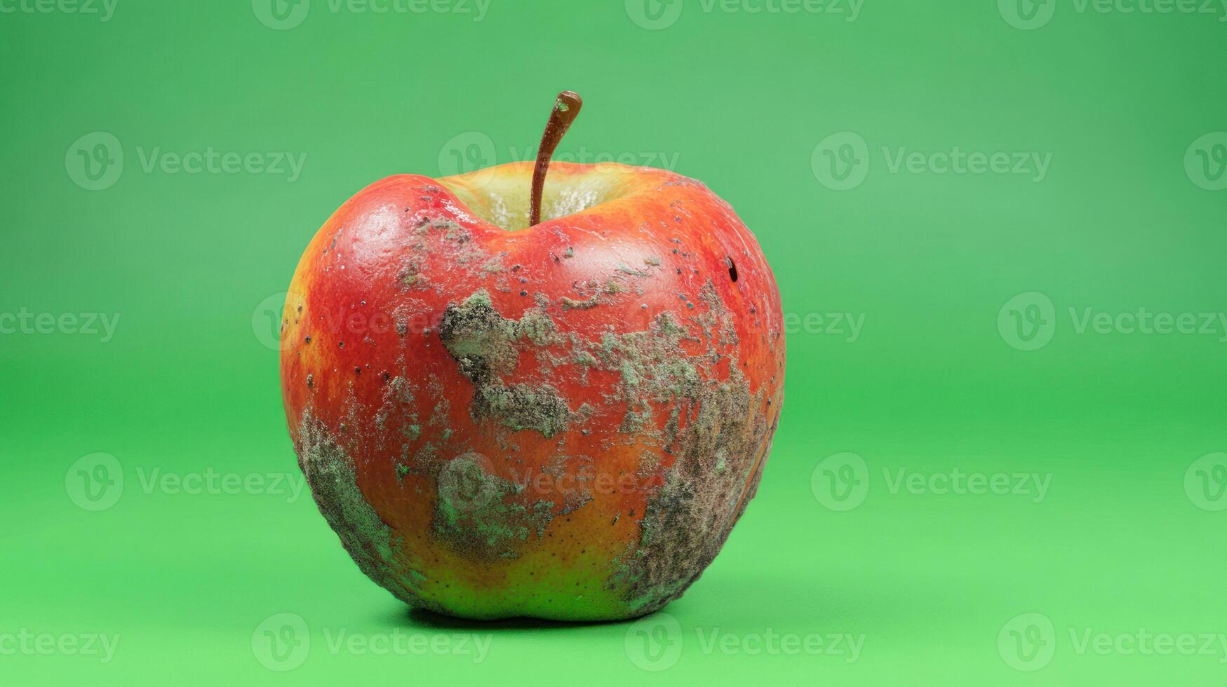 A rustic apple with a vibrant red-green hue on a green backdrop. photo