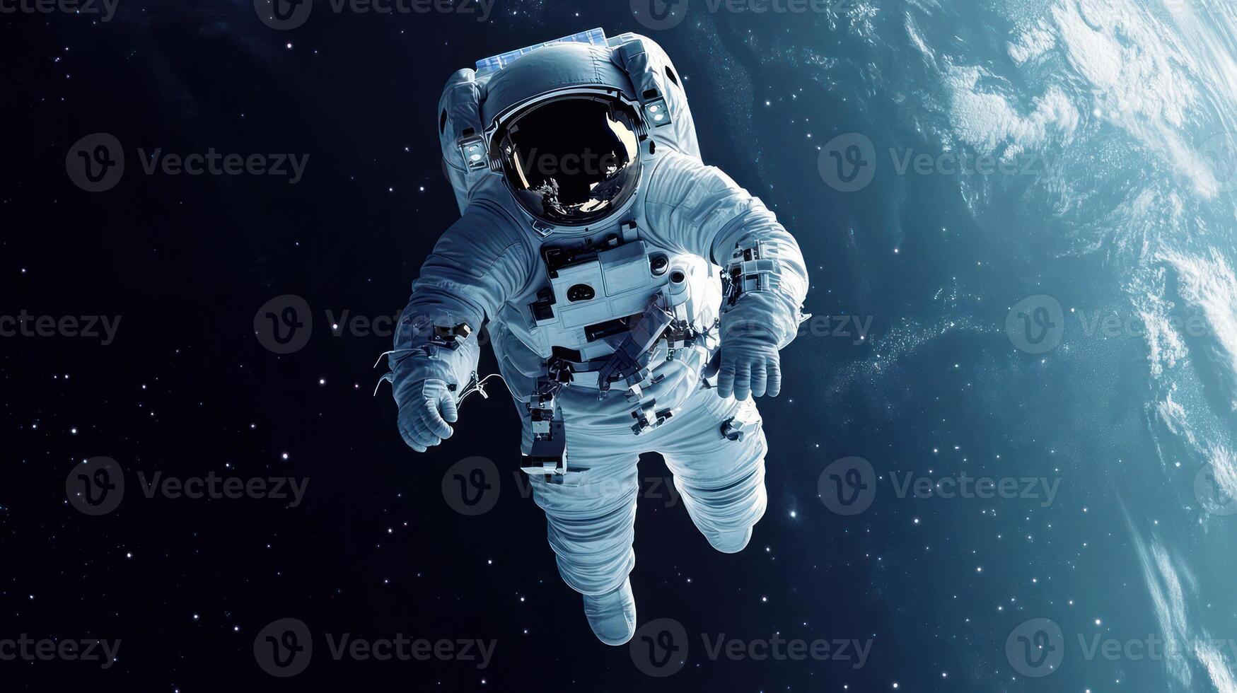 An astronaut floats in the vastness of space, surrounded by stars. photo
