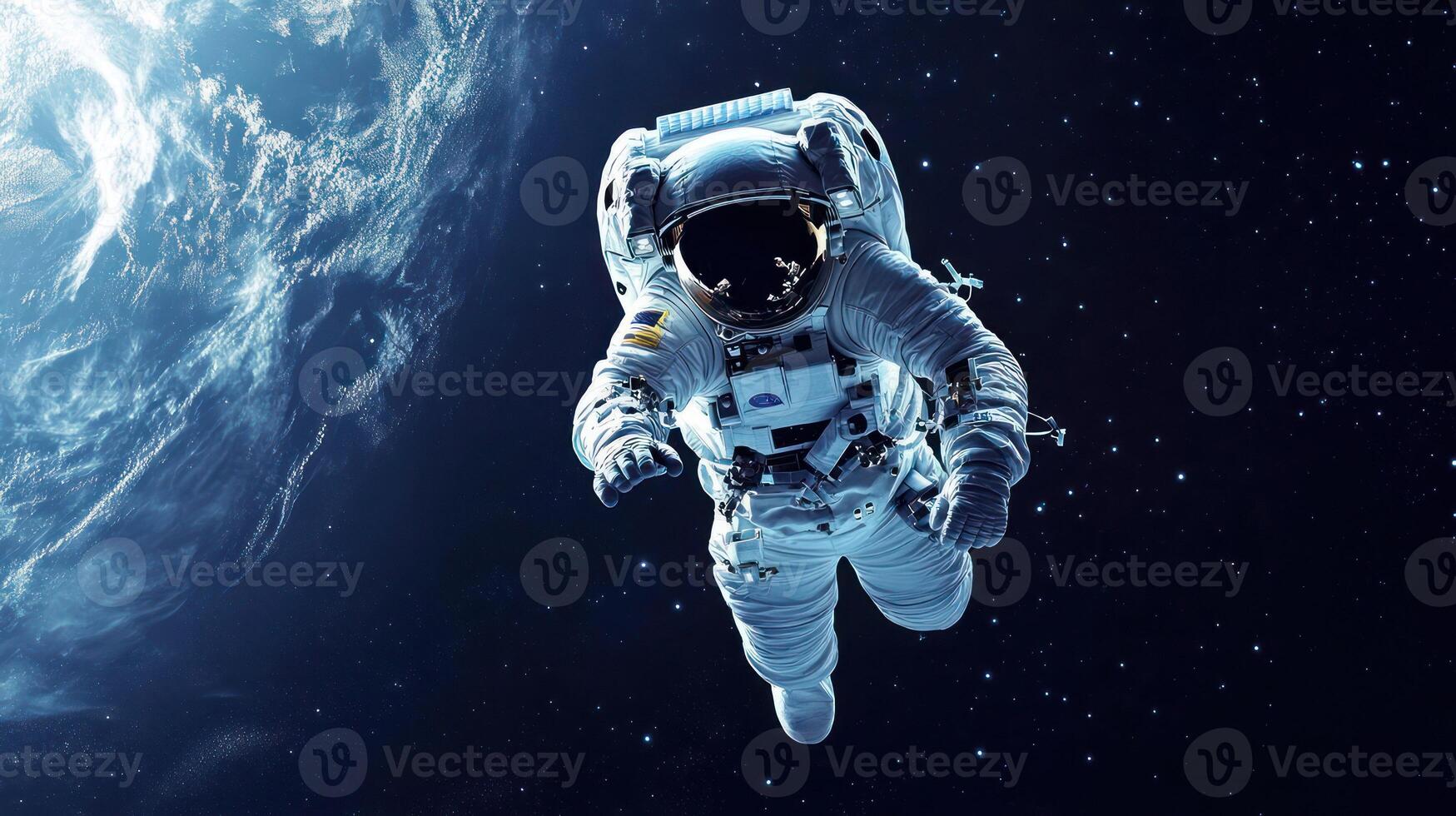 An astronaut floating in the vastness of space, against a backdrop of Earth. photo