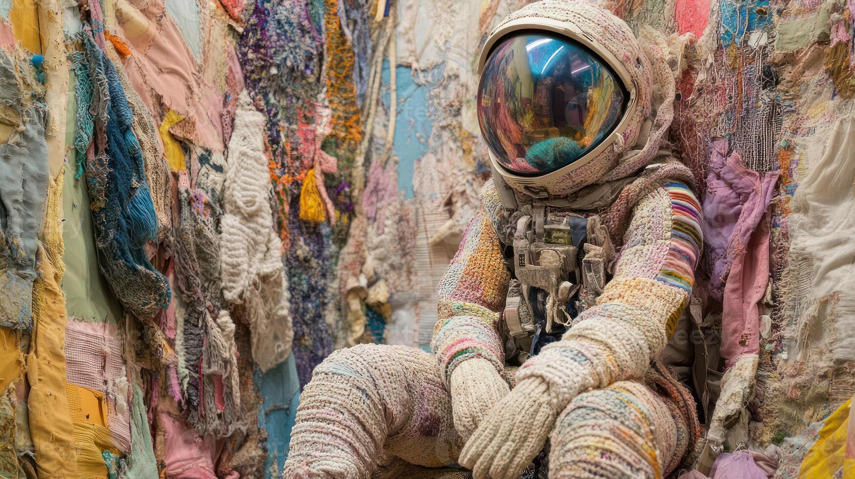 A colorful astronaut sitting against a textured, abstract fabric wall. photo