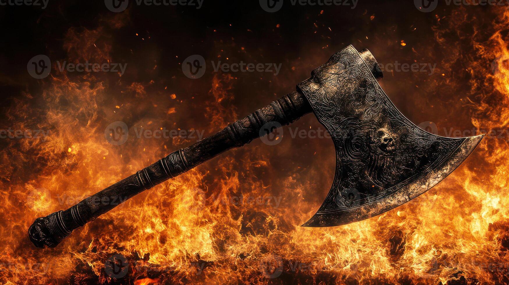 A powerful battle axe set against a fiery, dramatic backdrop. photo