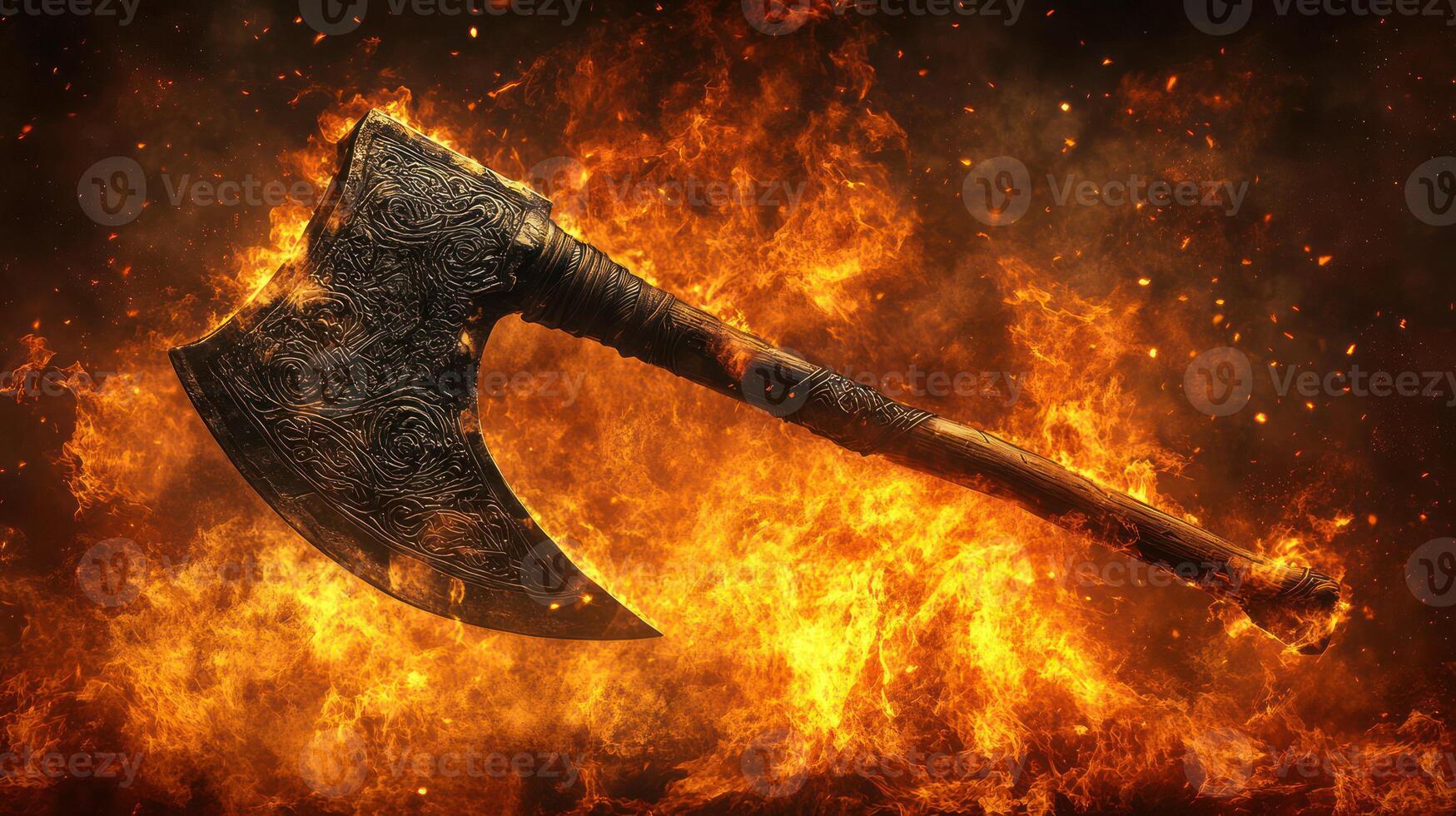 A glowing axe immersed in flames, showcasing intricate designs. photo