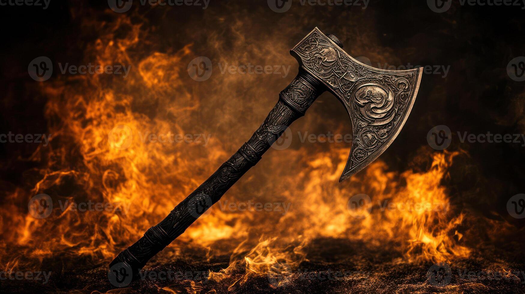 A beautiful ornate axe against a fiery, dramatic background. photo
