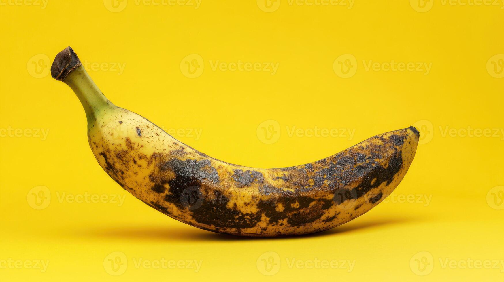 A vibrant yellow background features a ripe banana with distinct spots. photo