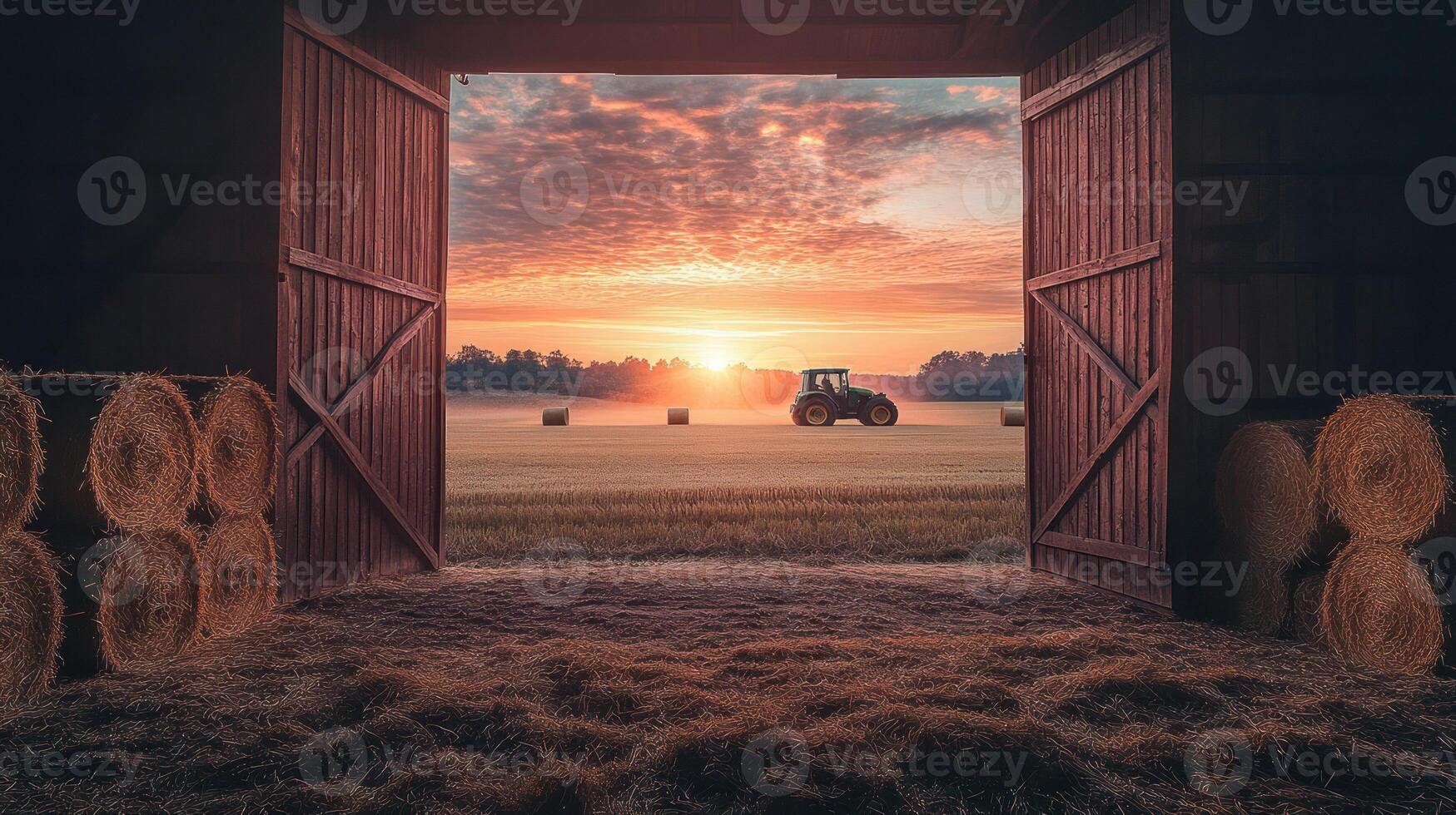 A serene sunset view from a barn, featuring a tractor and hay bales. photo