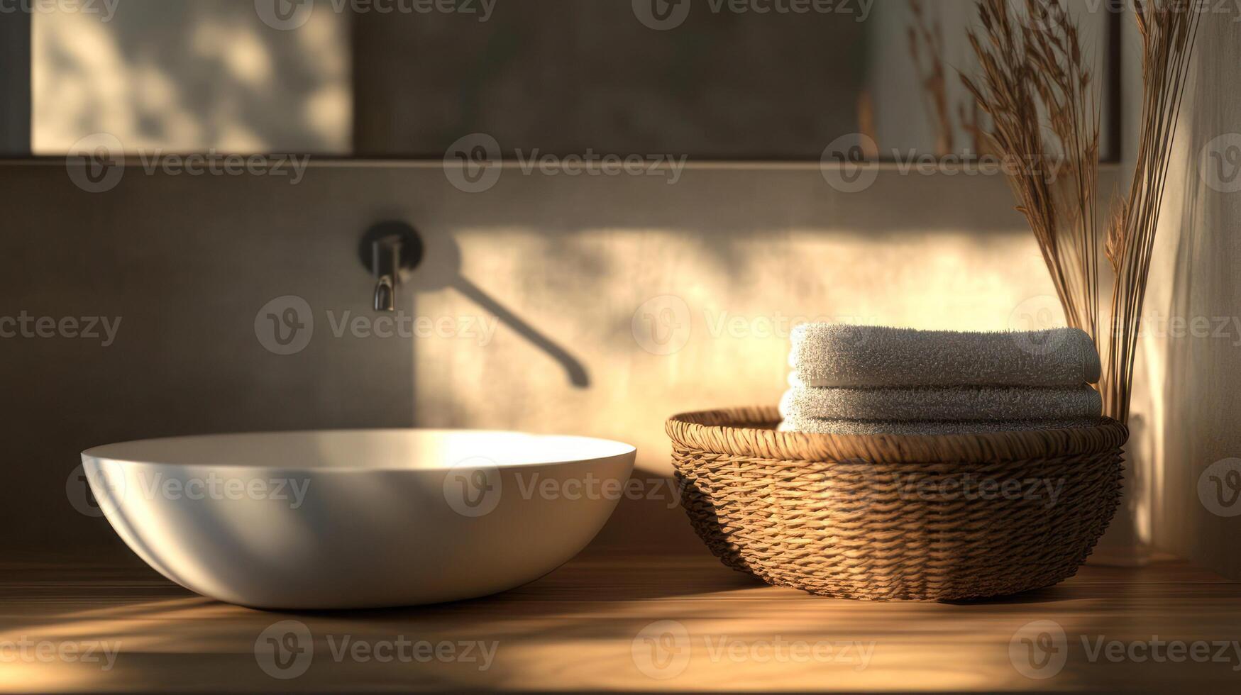 A serene bathroom scene with a minimalist design and natural light. photo