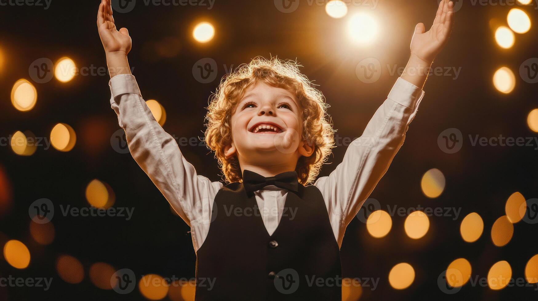A joyful boy in a suit celebrates on stage with raised hands. photo