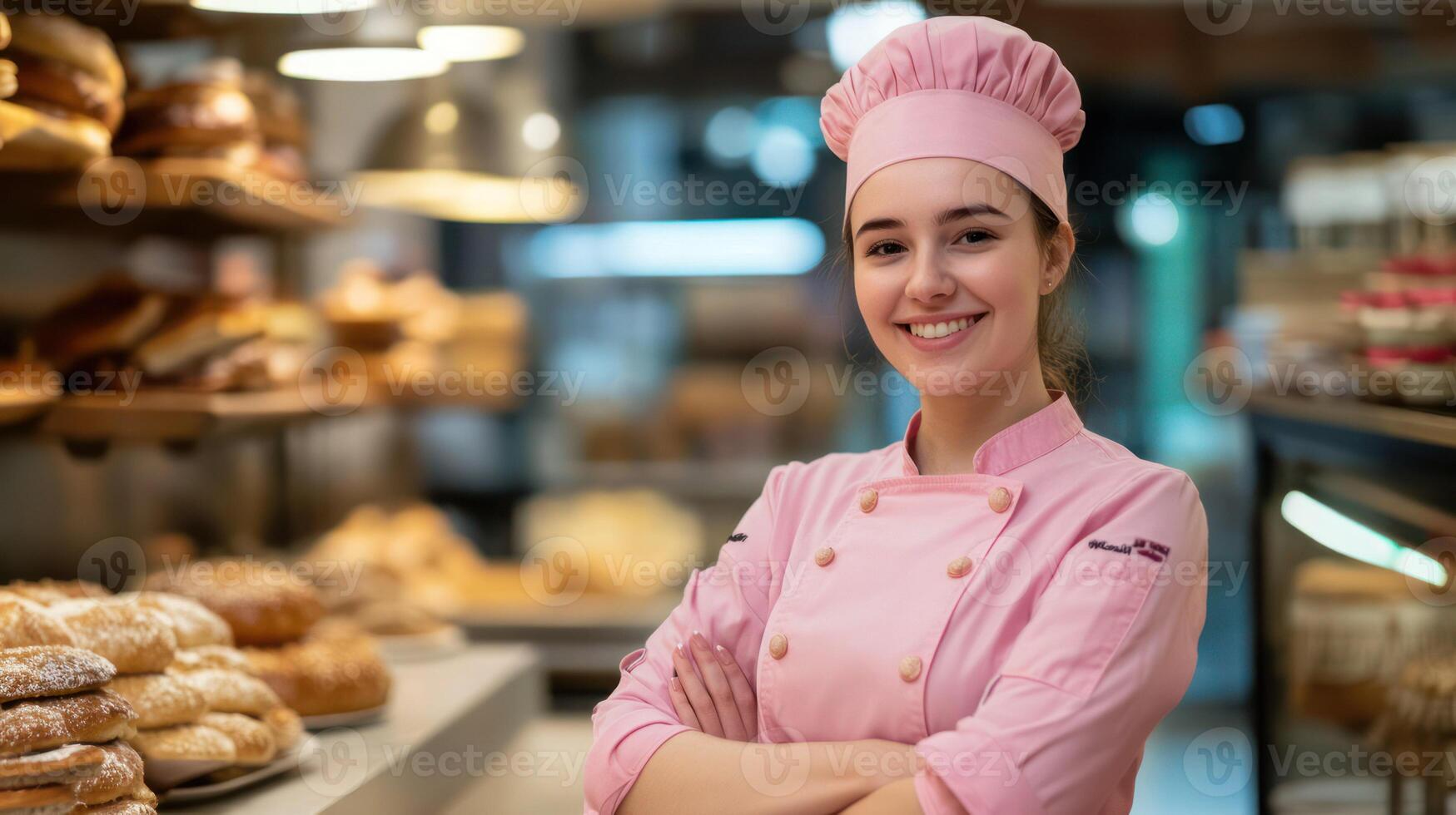 A smiling female chef in a bakery, showcasing a variety of baked goods. photo