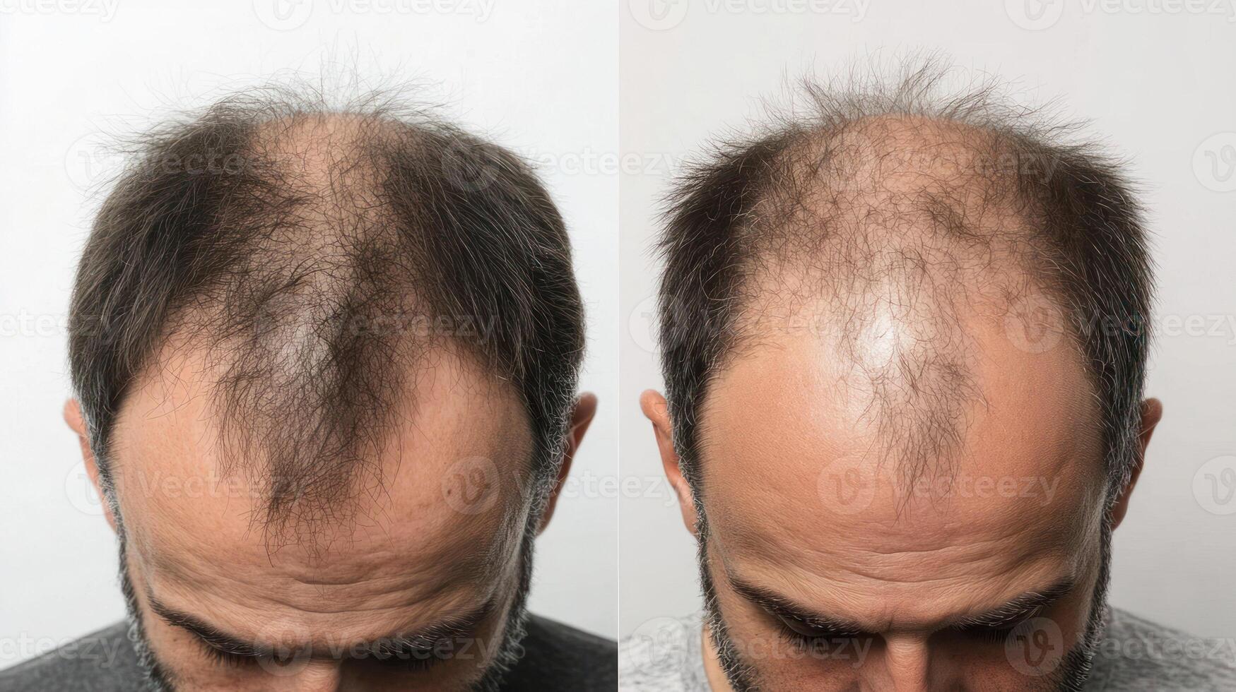 A close-up view of a man's balding scalp, showcasing hair loss transformation. photo