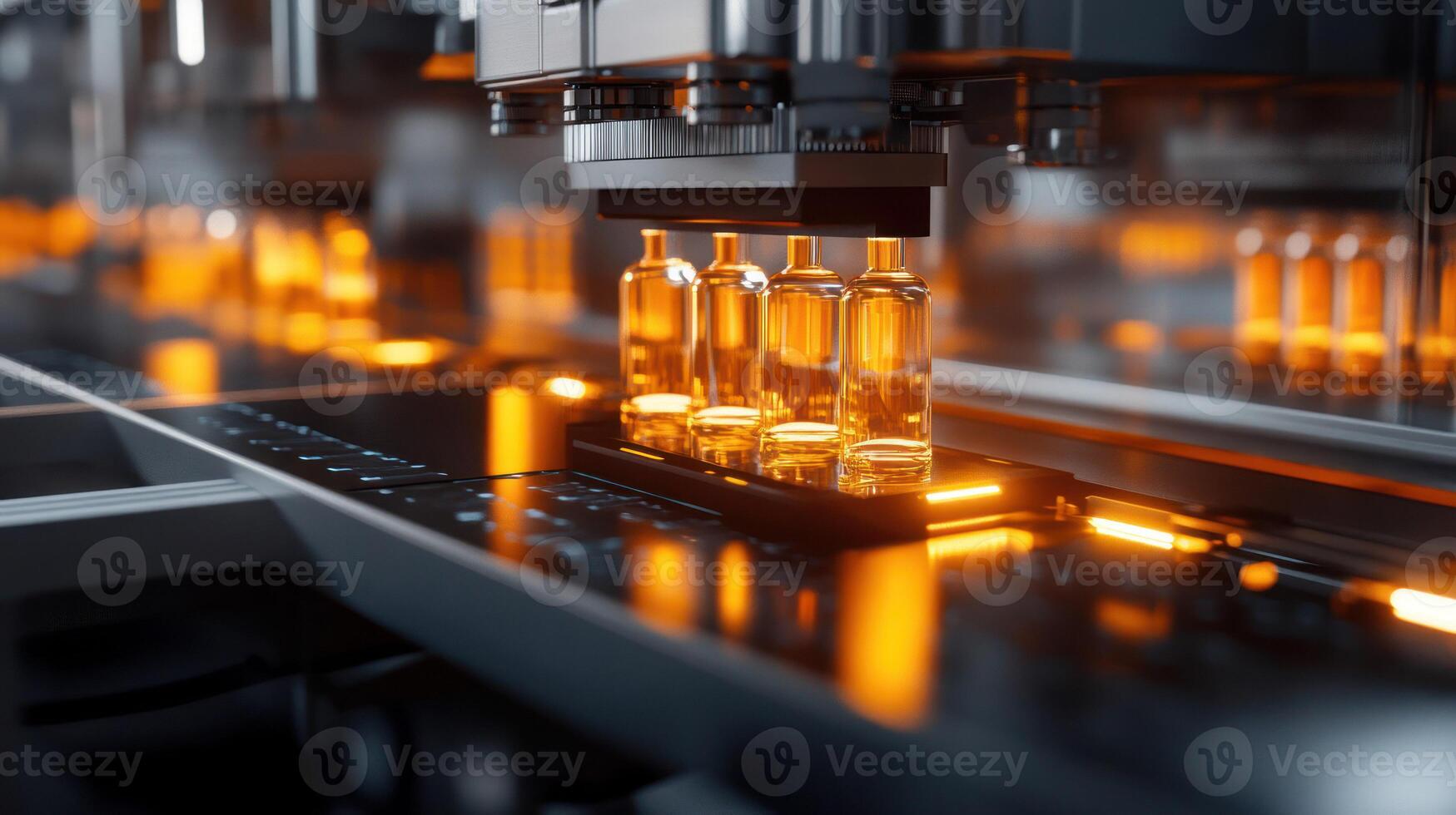 Automated machinery handling glass bottles in a high-tech production setting. photo