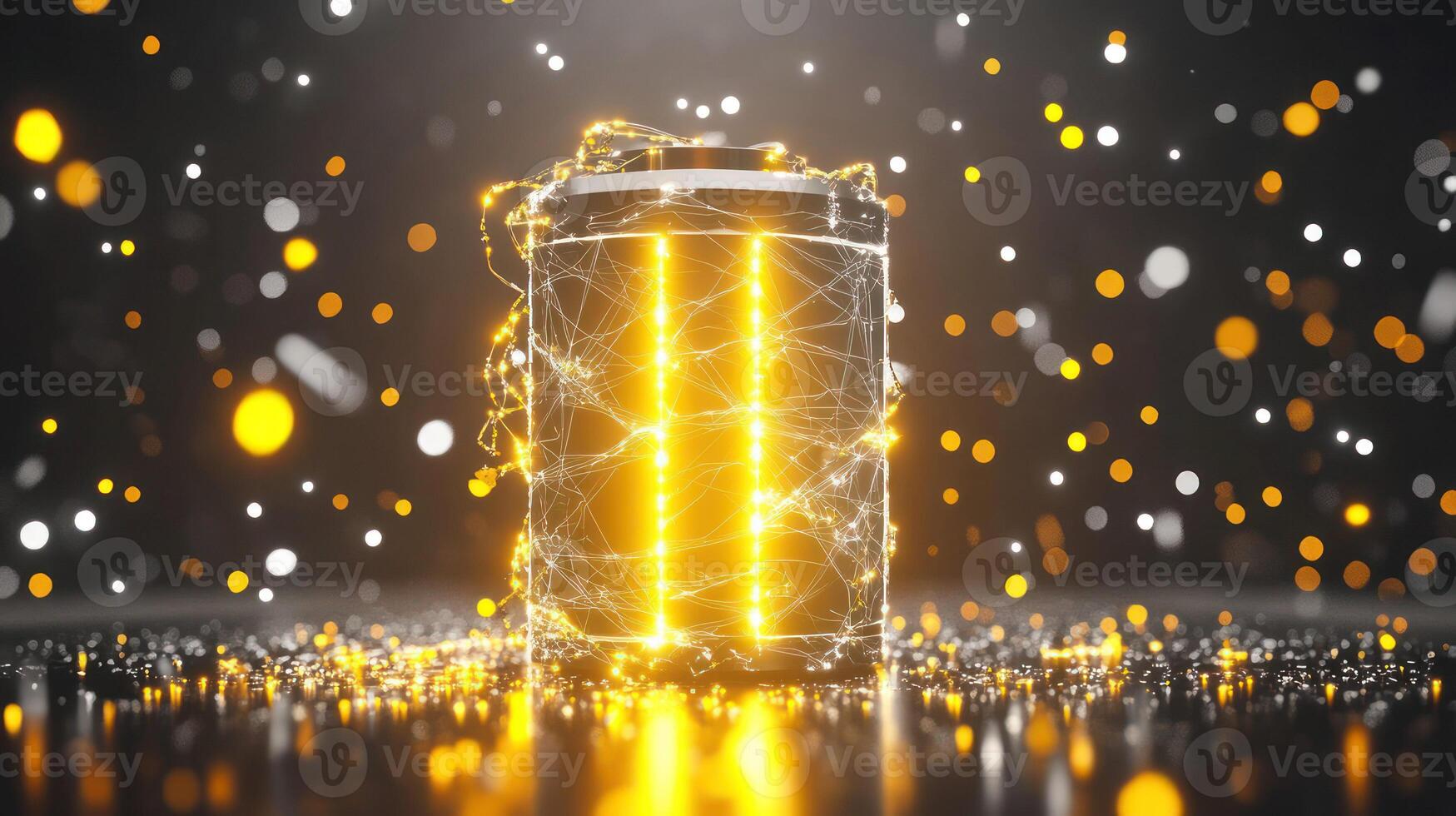 A glowing battery with dynamic lights and abstract sparkles. photo