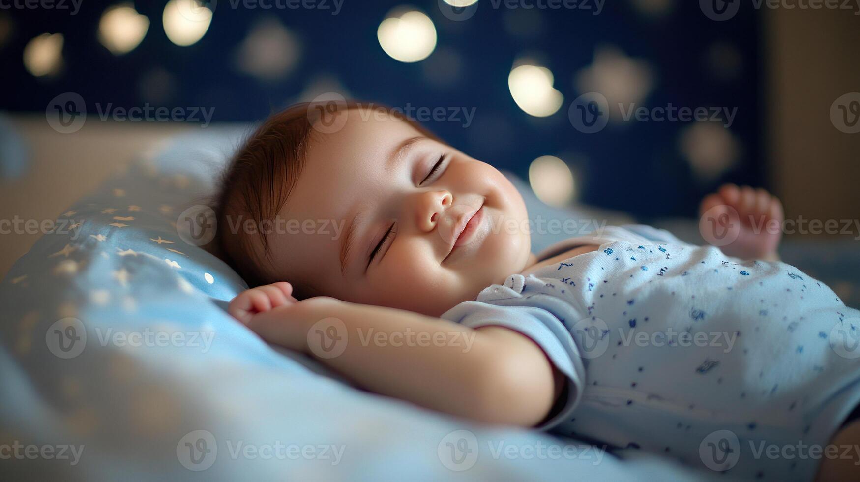 A sleeping baby smiles softly in a cozy, starry atmosphere. photo