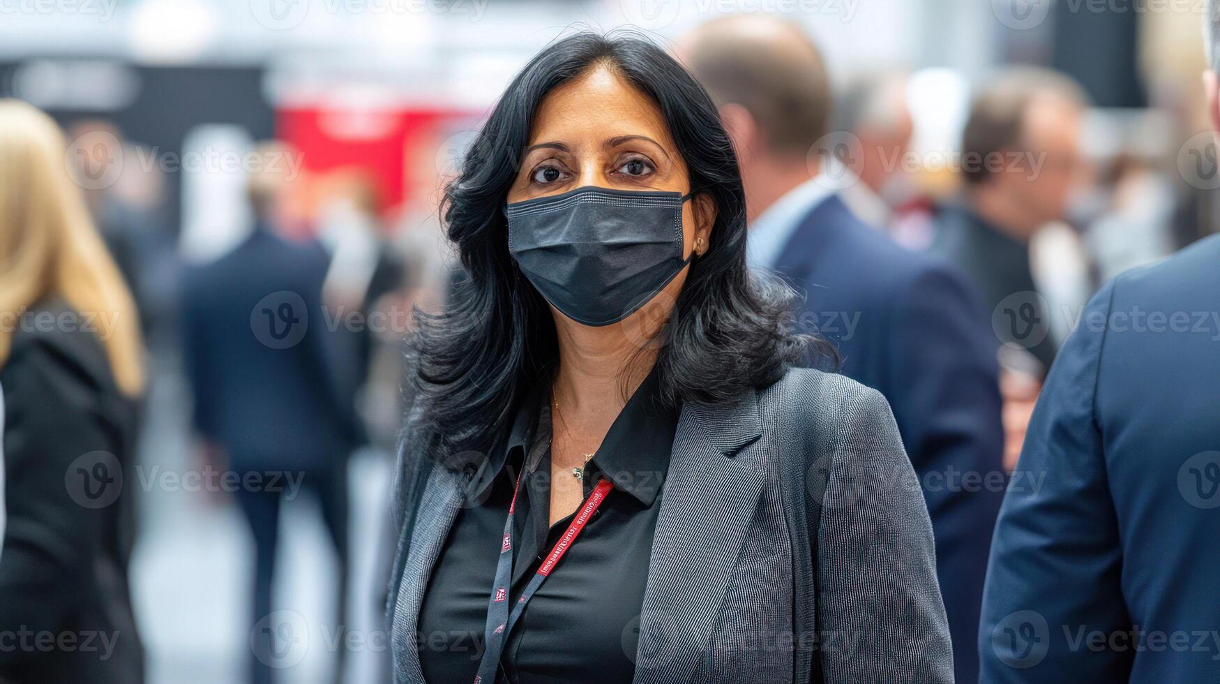 A masked woman stands confidently at a busy business event. photo