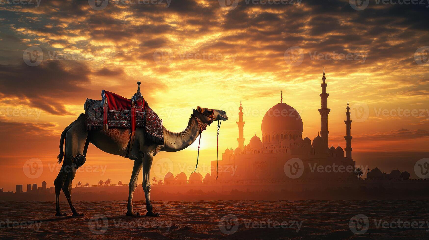 A silhouetted camel at sunset near a majestic mosque. photo