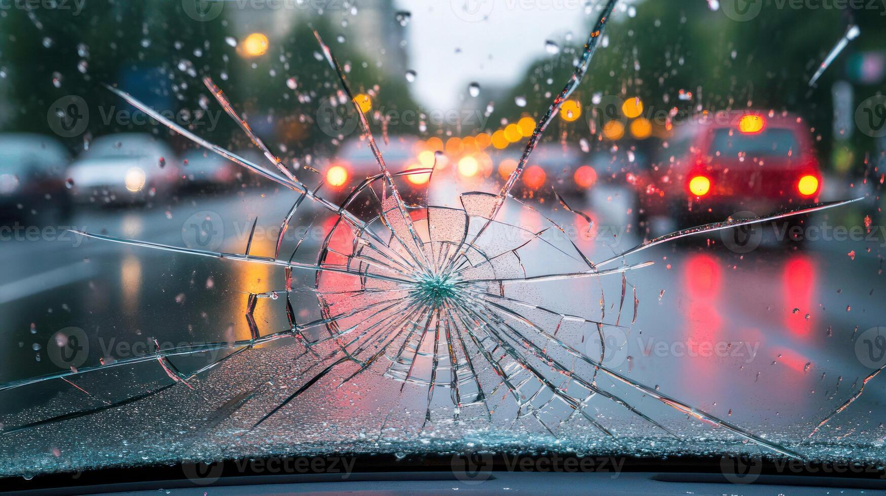 A shattered windshield view of a rainy city street with traffic. photo