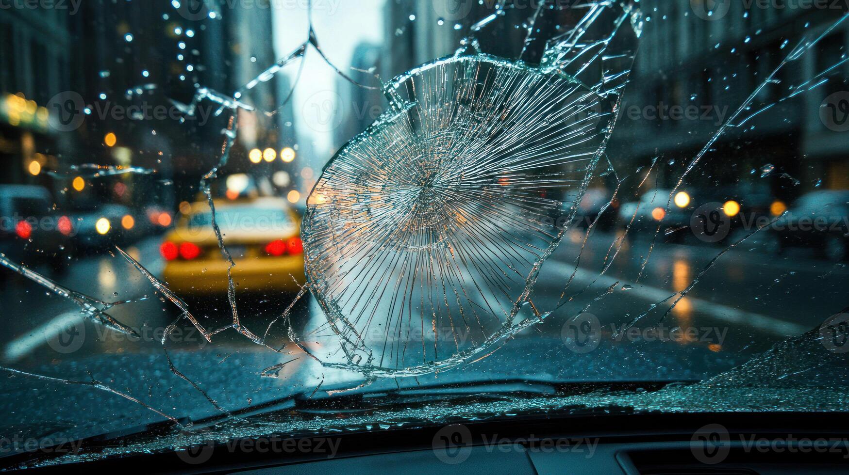 A close-up of a cracked windshield displaying a rainy city street. photo