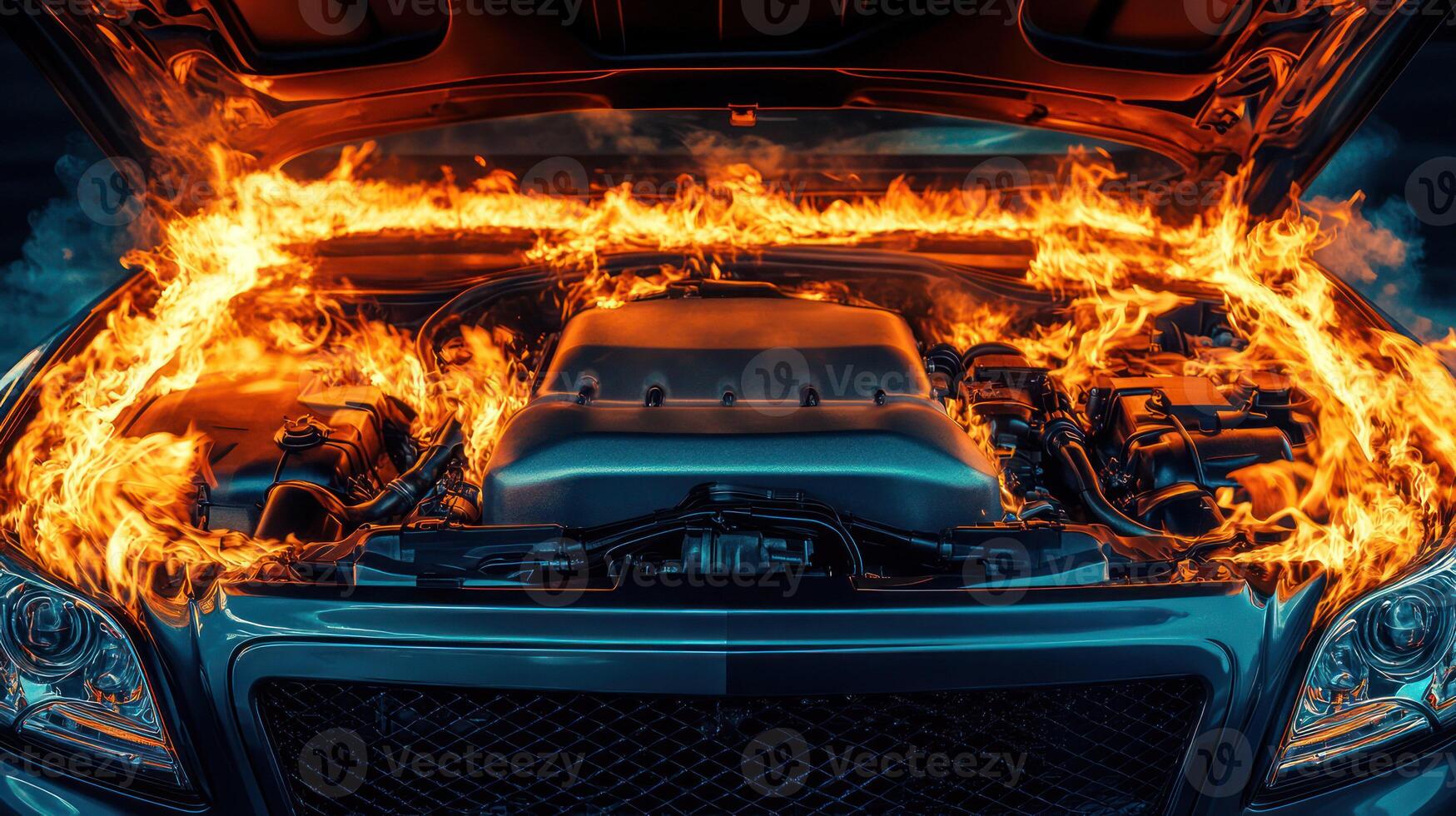 A car engine engulfed in flames, depicting a dramatic automotive emergency. photo