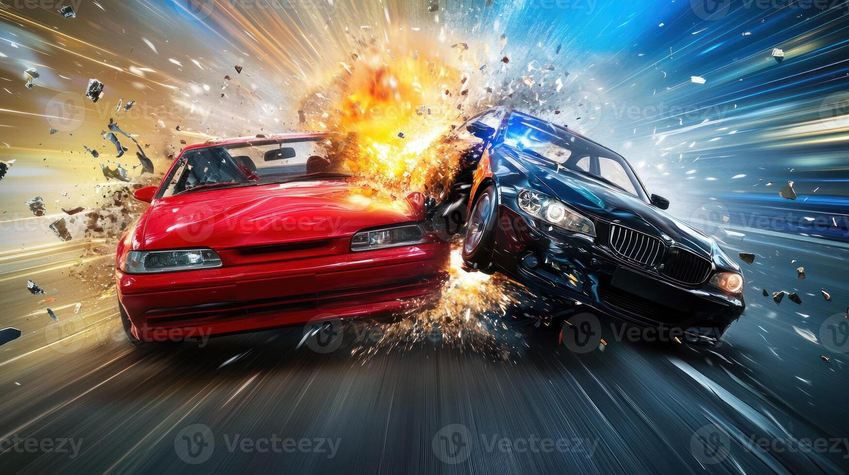 A dynamic collision between a red and black car, with an explosion. photo