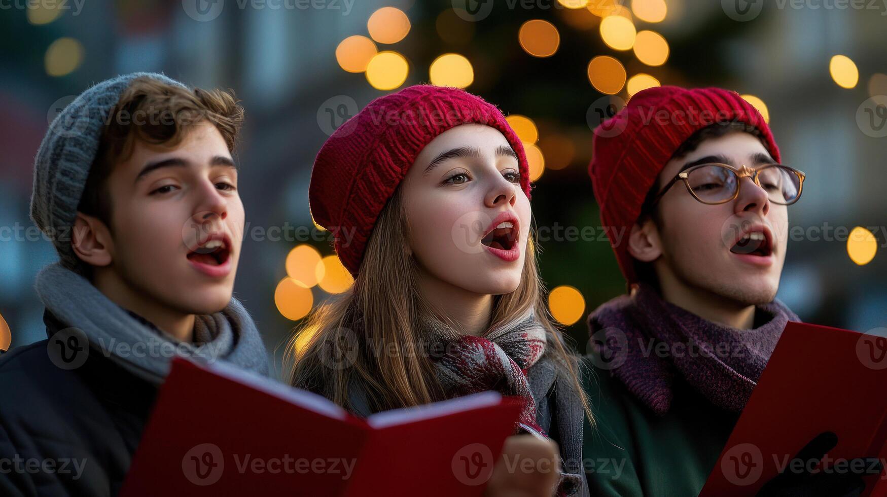 Young carolers singing joyfully in a festive winter atmosphere. photo