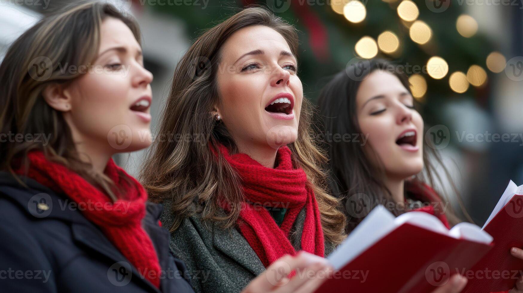 Three women singing joyfully in festive winter attire. photo