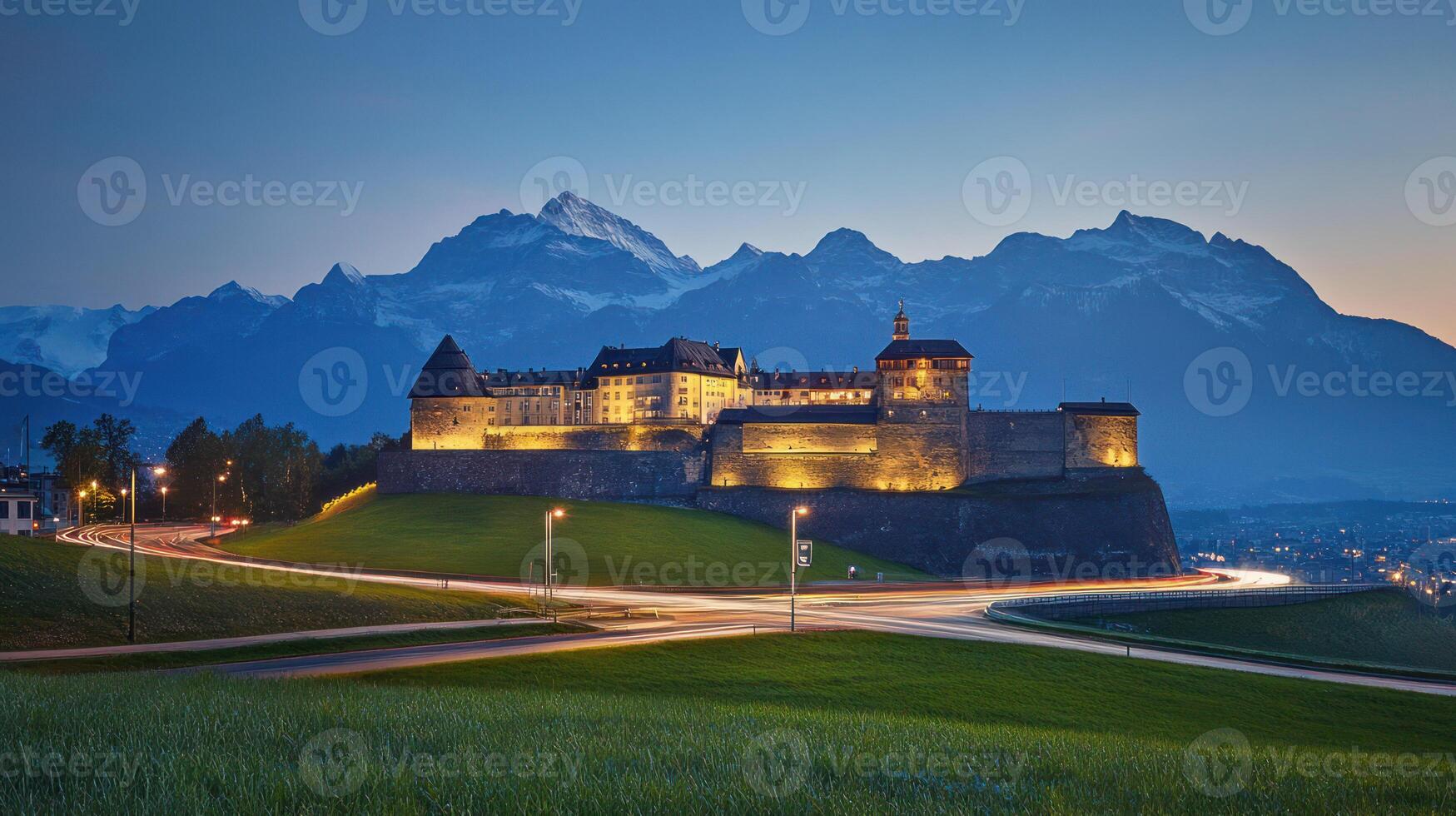 A beautifully illuminated castle at dusk with surrounding mountains. photo