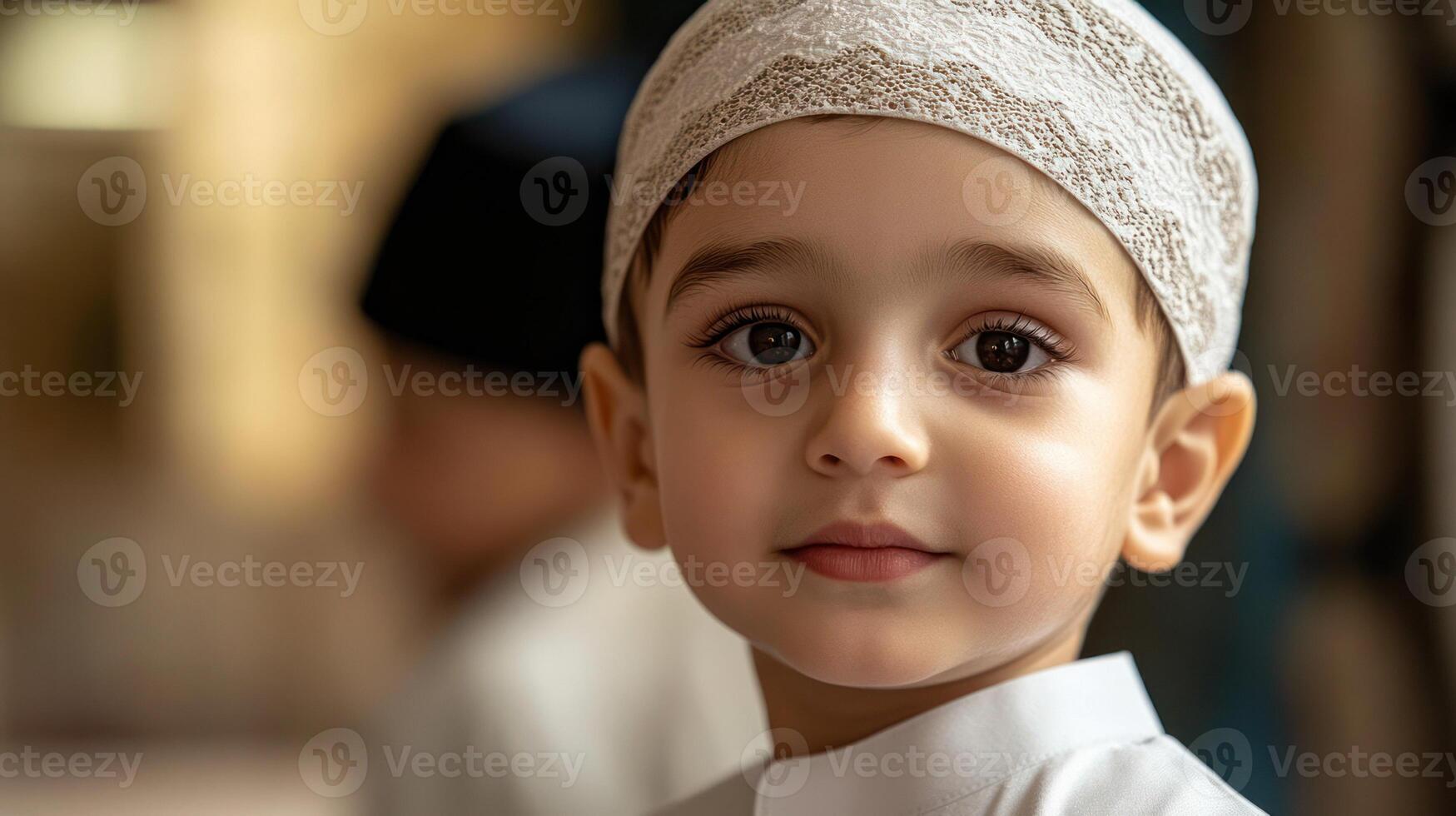 A close-up portrait of a boy in traditional attire, exuding innocence. photo