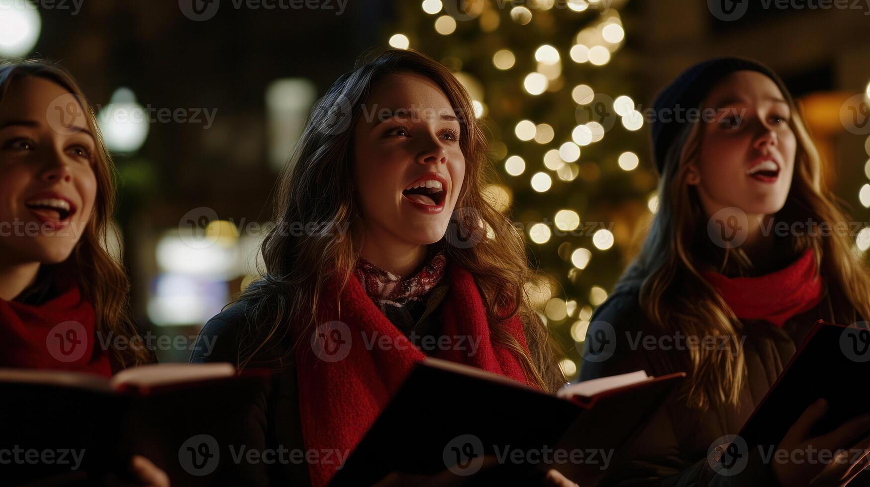 A joyful choir of girls singing carols by a decorated Christmas tree. photo