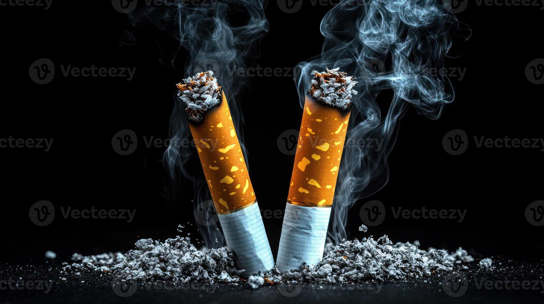 Two smoldering cigarettes surrounded by ash and smoke on black. photo