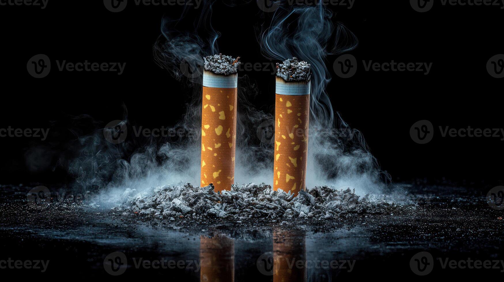A striking still life of cigarettes surrounded by ash and smoke. photo