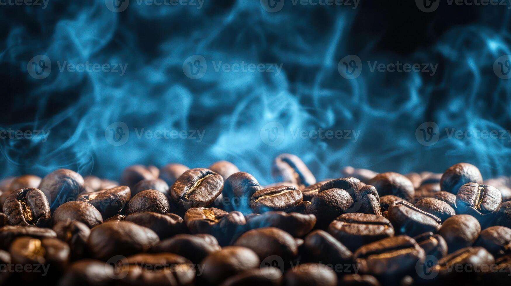 A close-up of roasted coffee beans with swirling smoke above. photo
