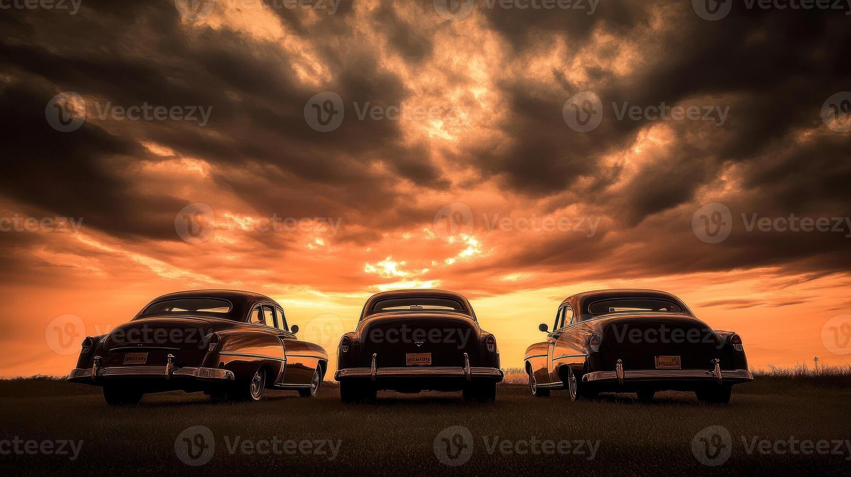 Silhouettes of classic cars against a dramatic sunset backdrop. photo