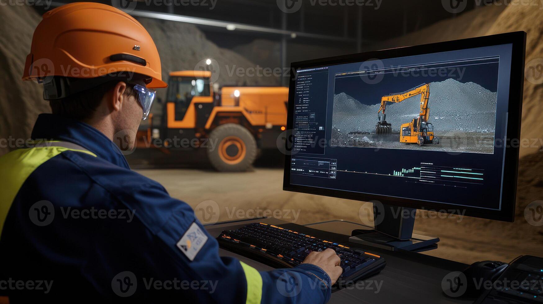 A worker monitors heavy machinery operation on a computer in a warehouse. photo