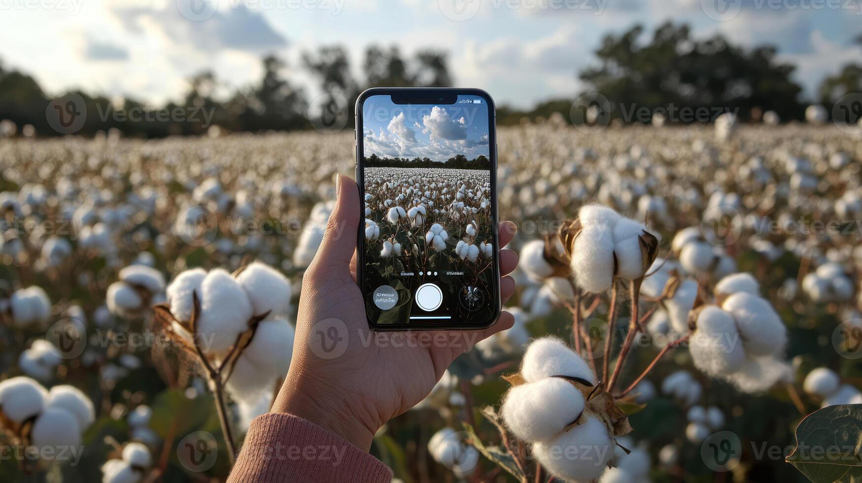 A hand holds a smartphone capturing a cotton field under a cloudy sky. photo