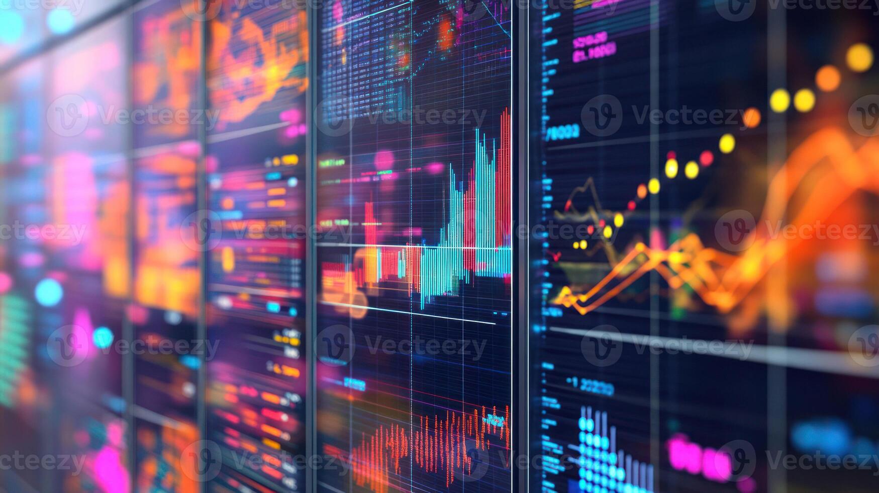 Vibrant data visualization on digital screens depicting market trends. photo