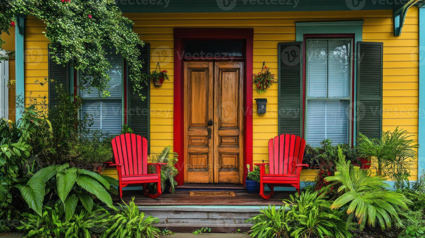 A charming yellow house entrance with red chairs and lush greenery. photo