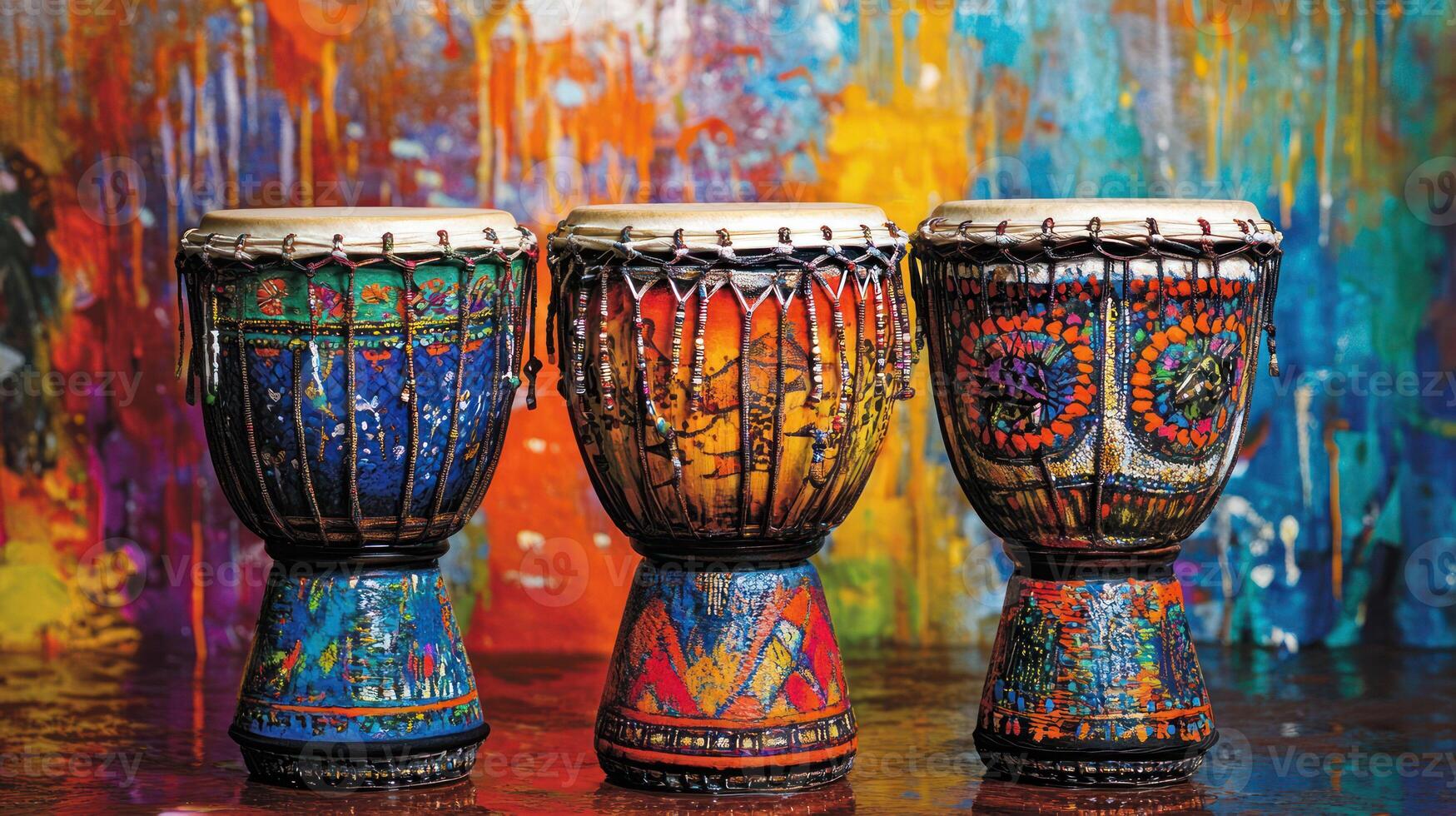 Colorful hand-painted drums against a vibrant abstract background. photo