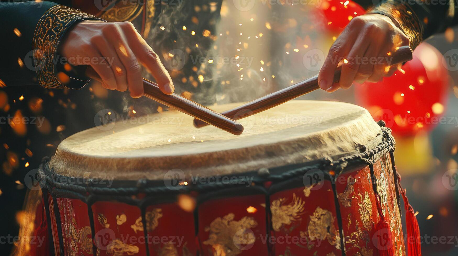 Energetic drumming performance with hands and sticks in vibrant celebration. photo