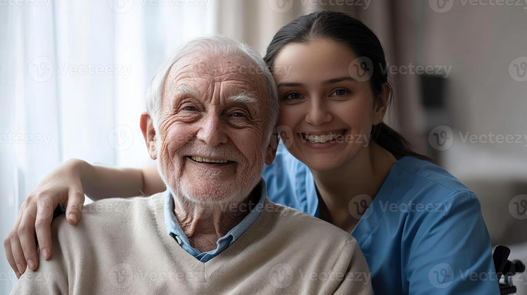 A smiling elderly man with a caregiver, showcasing warmth and connection. photo