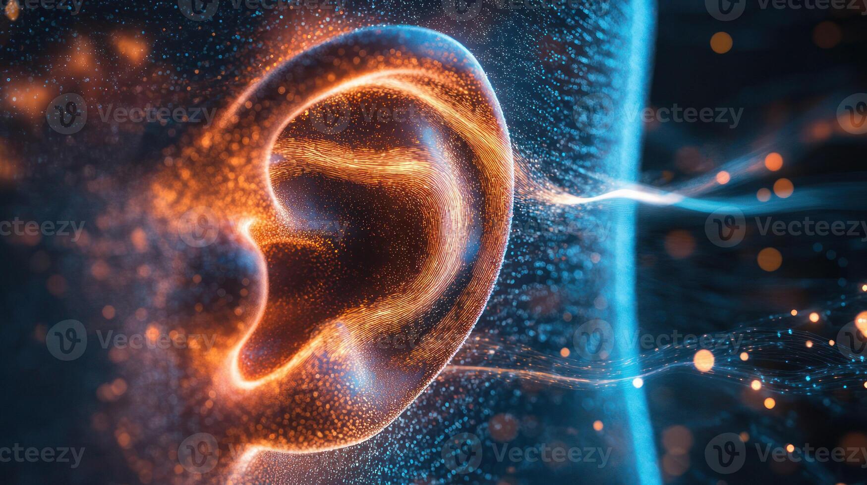 An abstract representation of an ear with glowing sound waves. photo