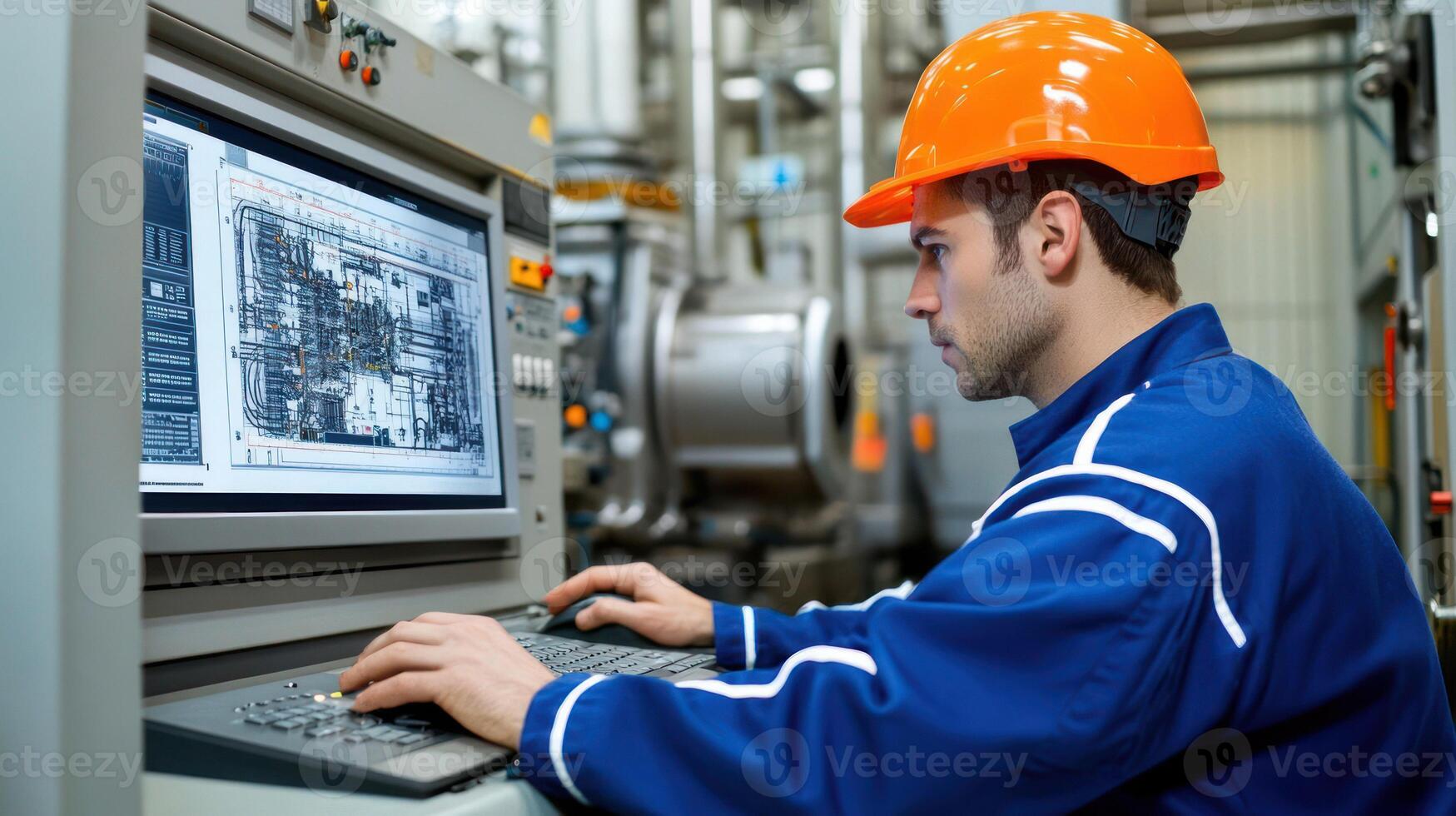 A worker in an orange helmet examines data on a control panel. photo