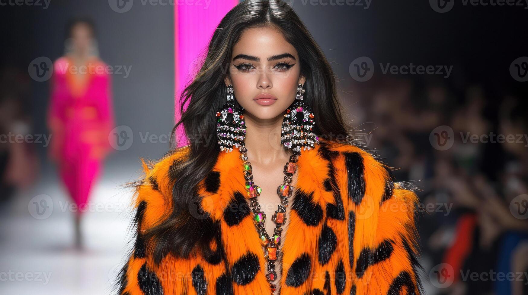 A model in a vibrant leopard print outfit walks the runway with confidence. photo