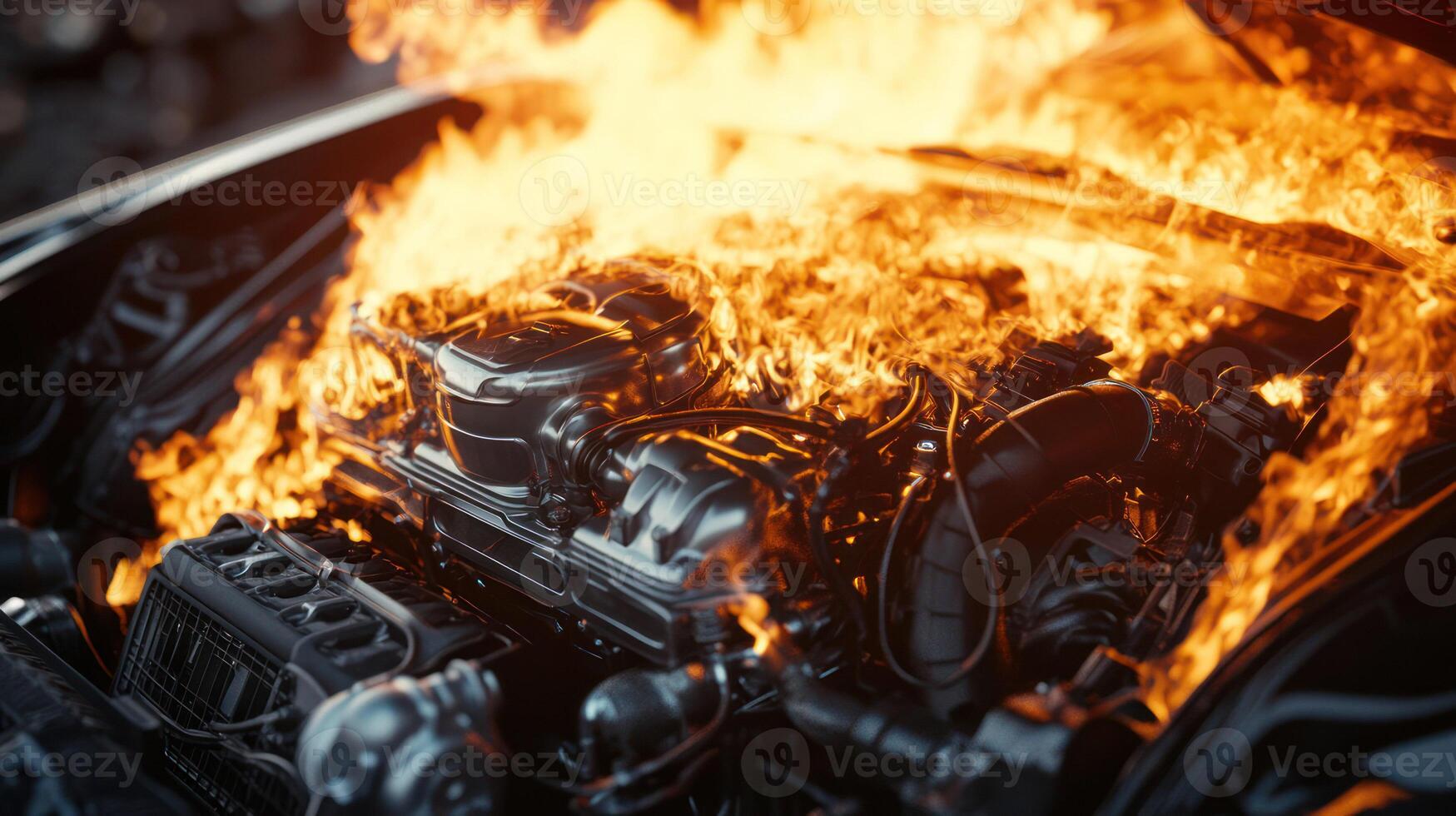 A car engine engulfed in flames, showcasing intense fire and smoke. photo