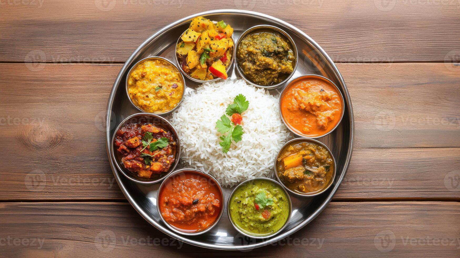 A vibrant thali with rice and assorted curries on a wooden table. photo