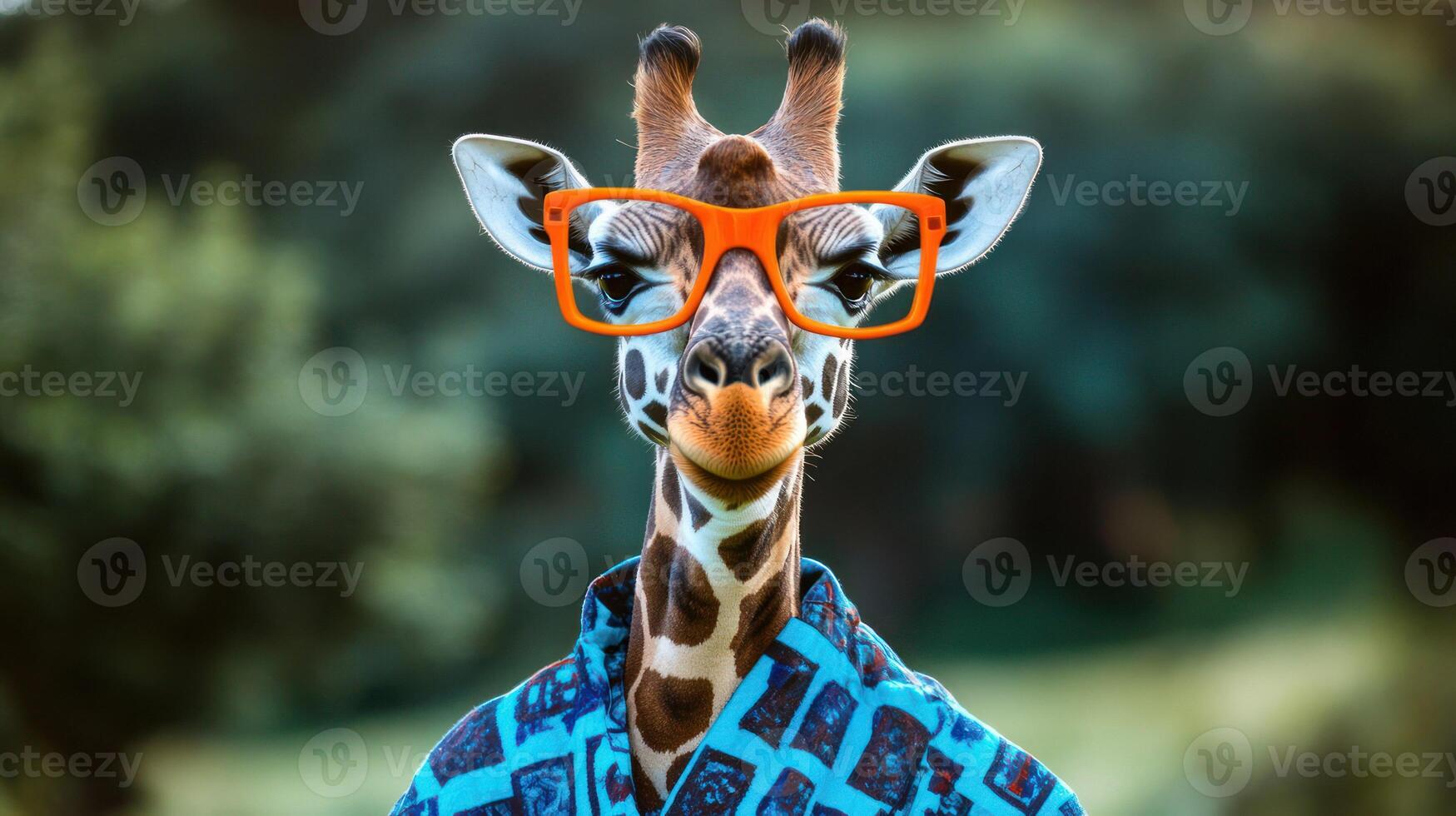 A quirky giraffe wearing glasses and a colorful shirt outdoors. photo