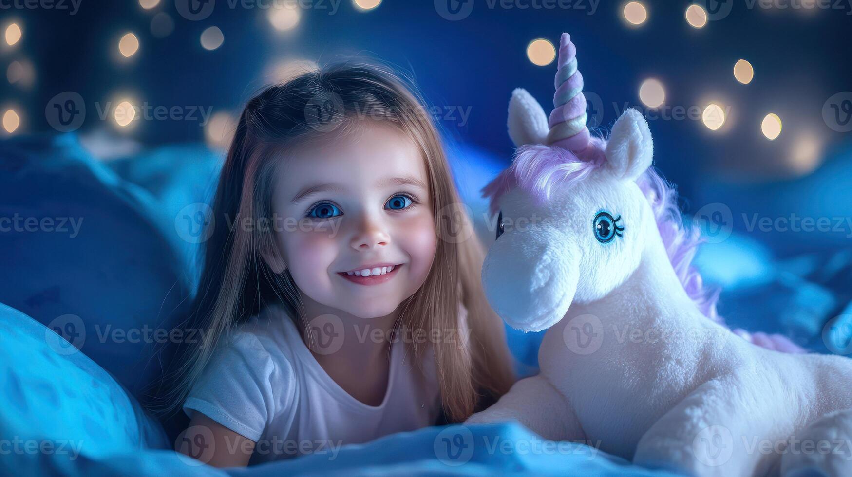 A smiling girl cuddles a unicorn plush toy in a serene night setting. photo