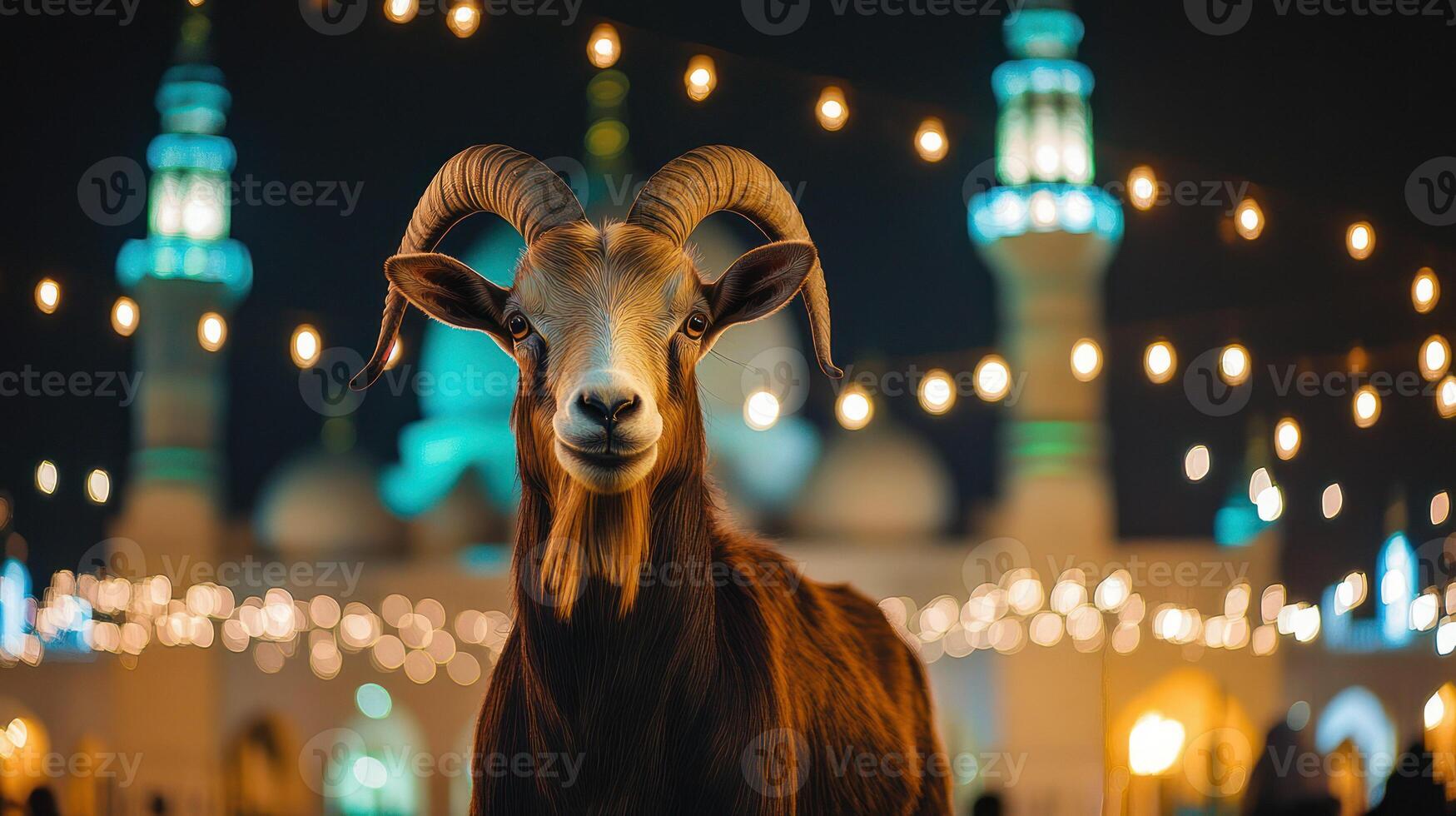A majestic goat stands proudly against a beautifully lit backdrop. photo