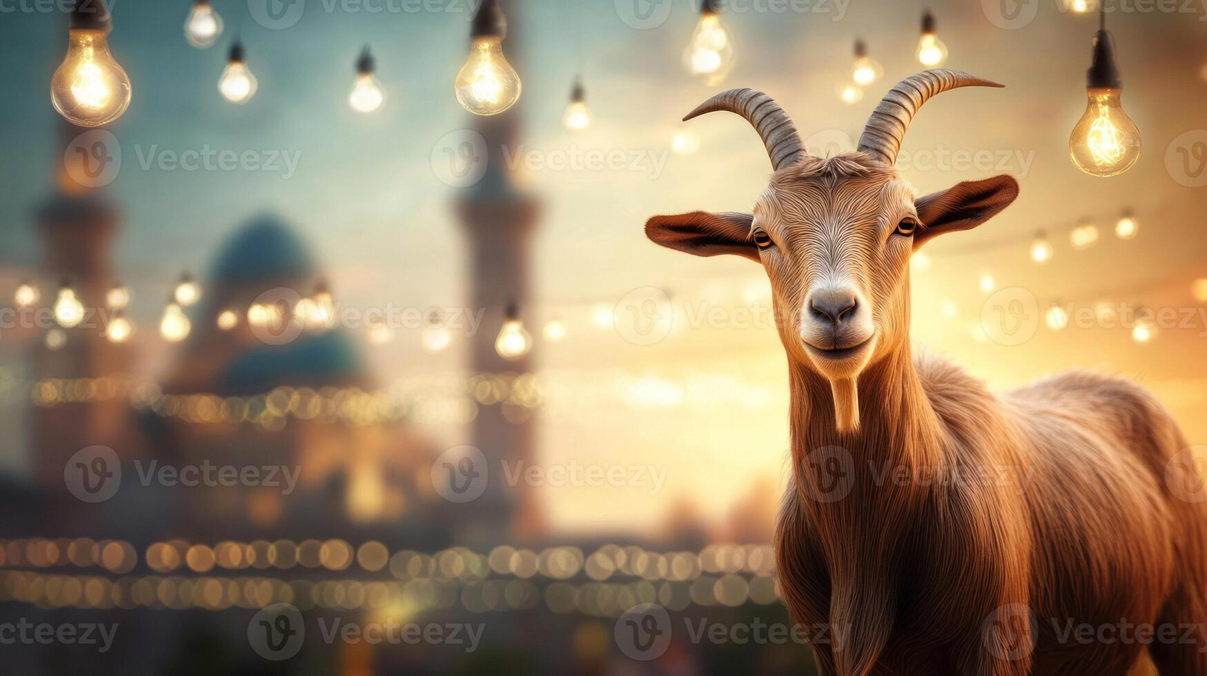 A cheerful goat in a magical, softly lit evening setting. photo