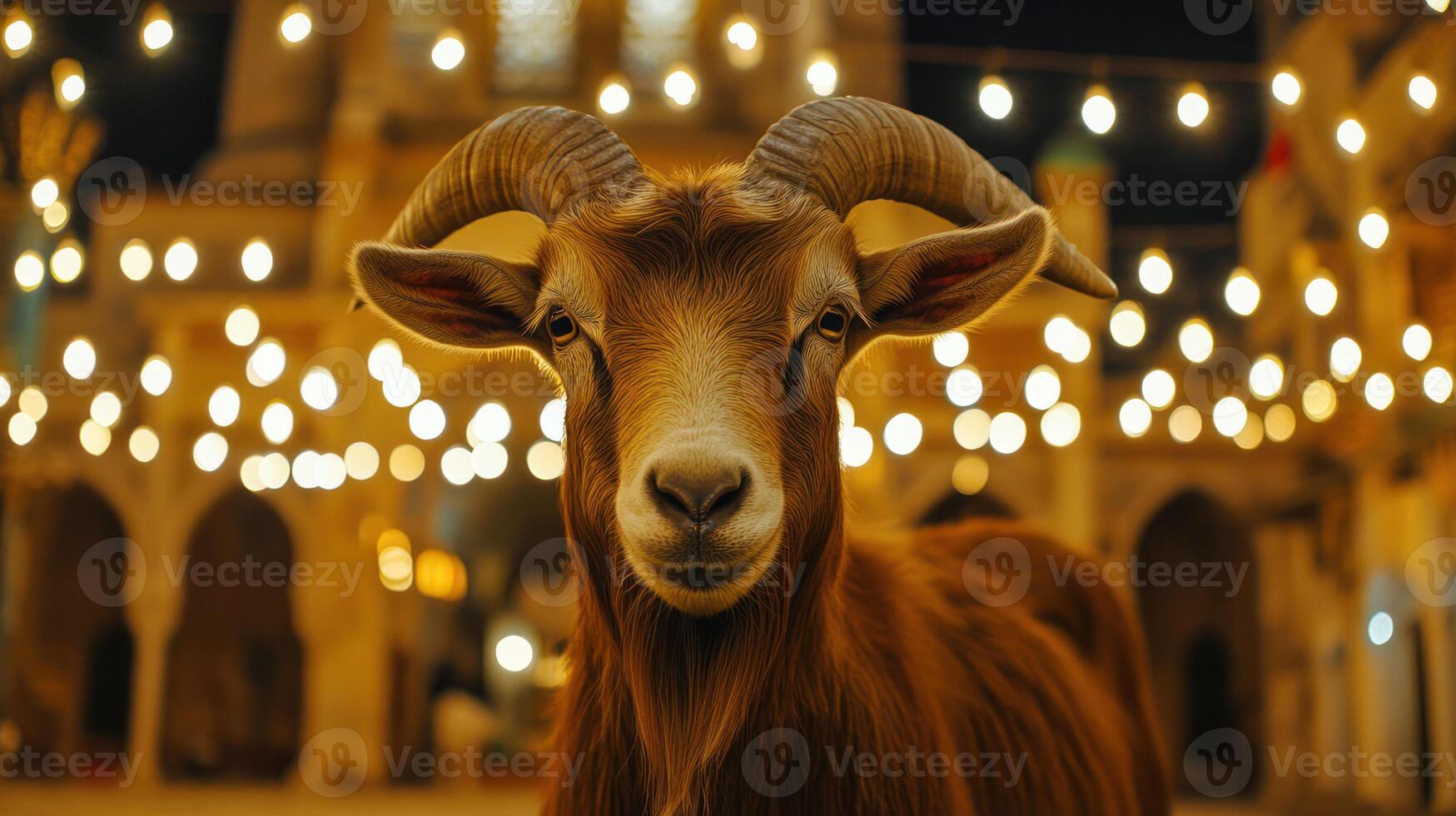A charming goat stands before warm, glowing lights at night. photo