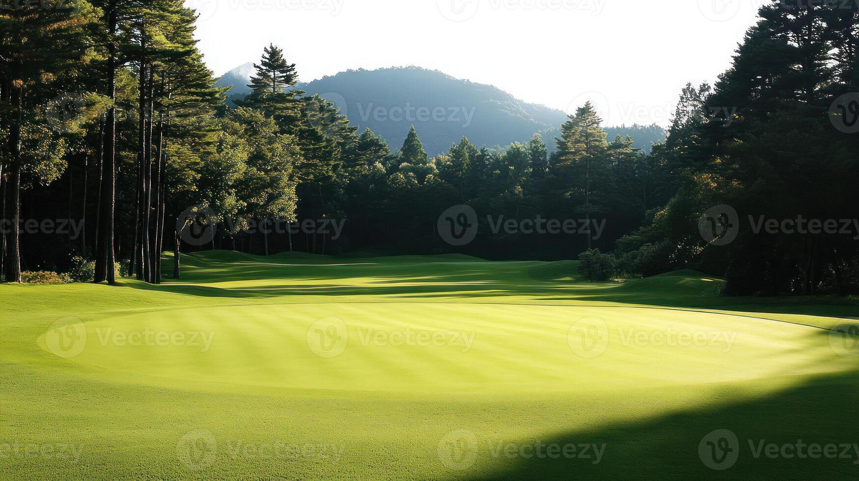 A serene golf course surrounded by trees and gentle hills. photo