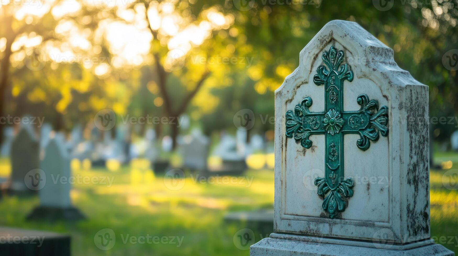 A serene cemetery scene with a decorative tombstone under soft sunlight. photo
